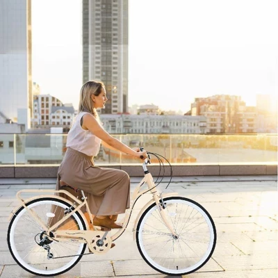 Велосипеды Ladies Beach Cruiser Bike, Передние и Задние V-образные тормоза, 7-скоростные велосипеды для поездок на работу, Женский Велосипед со Стальной Рамой Для велосипедных упражнений бежевого цвета