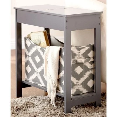 The  Collection Narrow Wood Side Table with Flip-Top and Fabric Storage Bin - gray