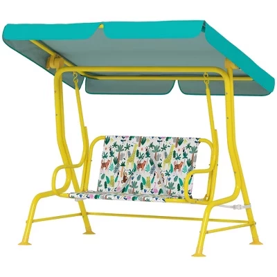 Kids Porch Swing, 2-Seater Patio Swing Bench with Safety Belts, Adjustable Canopy for Backyard, Garden green
