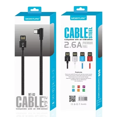 Кабель Reiko USB-Type-C 2,6 А в стальной оплетке, черный