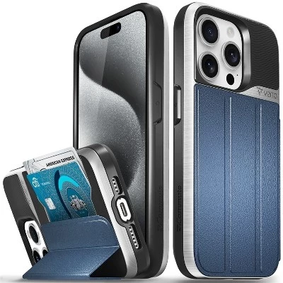 Чехол-портмоне vCommute для Apple iPhone 15 Pro, чехол с подставкой, кожаный держатель для карт [Защита от падения военного класса], Красный, синий