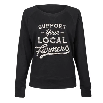 Women's -  - Support Your Local Farmers Lightweight French Terry Wide Neck Long Sleeve Graphic Shirt black