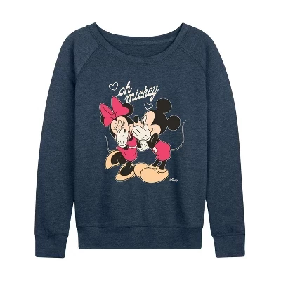 Женская легкая французская махровая рубашка Oh Mickey с широким вырезом и длинным рукавом с графическим рисунком heather indigo