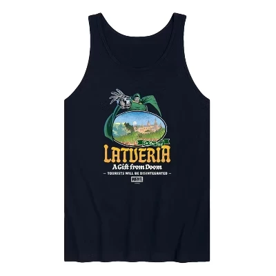 Мужская футболка Dr. Doom Latveria Destination Tee с графическим принтом и безрукавкой темно-синего цвета.