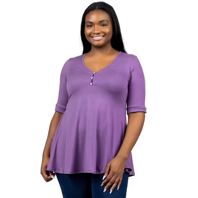 Женская туника с рукавом до локтя Henley Plus Size Top сиреневого цвета