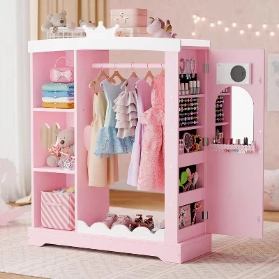 BALHAM TRADE-Kids Armoire with Jewelry Cabinet with Mirror and Shelves for Bedroom Kids Girls pink