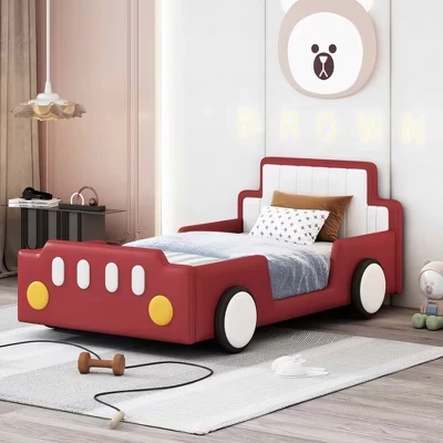 Кровать-платформа в форме гоночного автомобиля Twin Size, Колеса, Детская спальня, Красный