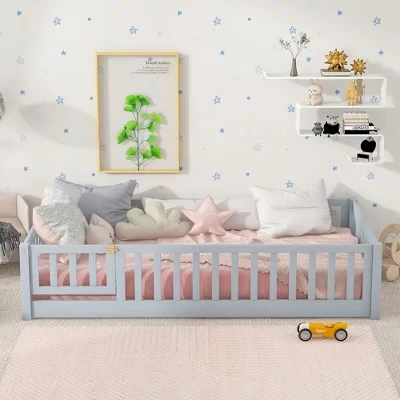 Bellemave Twin Floor Bed with Fence & Door, Low Profile Montessori Kids Bed Frame, Solid Rubber Wood, Safety Guardrails, Easy Assembly gray