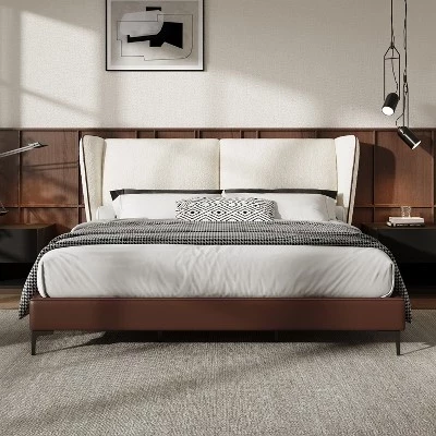 Кровать-платформа Zewa Modern King Size, обитая искусственной кожей, с изголовьем Teddy Wingback коричневого/белого цвета