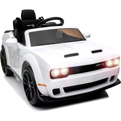 Детский электромобиль Dodge Challenger с лицензией на 12 В, Электромобили на батарейках с дистанционным управлением, светодиодные фонари, для мальчиков и девочек белого цвета