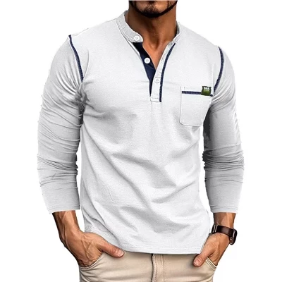 Мужская рубашка Henley с длинным рукавом и цветным блоком, повседневная футболка с карманами, топы белого цвета