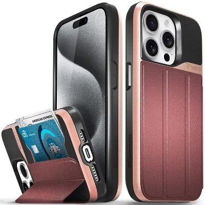 Чехол-портмоне vCommute для Apple iPhone 15 Pro, чехол с подставкой, кожаный держатель для карт [Защита от падения военного класса], Красный