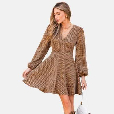 Women's Chic Gingham Balloon Sleeve Dress orange