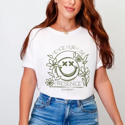 S.W.Smiley Peace Purpose Presence - Женская одежда, футболка с цветным рисунком белого цвета