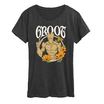Женская футболка Guardians of the Galaxy Groot Peace Flowers с коротким рукавом и графическим рисунком heather charcoal