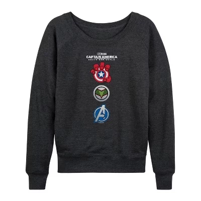 Women's -  - Captain America Logo Stack Lightweight French Terry Wide Neck Long Sleeve Graphic Shirt heather charcoal