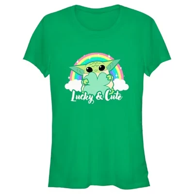 Juniors Womens : The Mandalorian Grogu St. Patrick's Day Rainbow Lucky and Cute T-Shirt