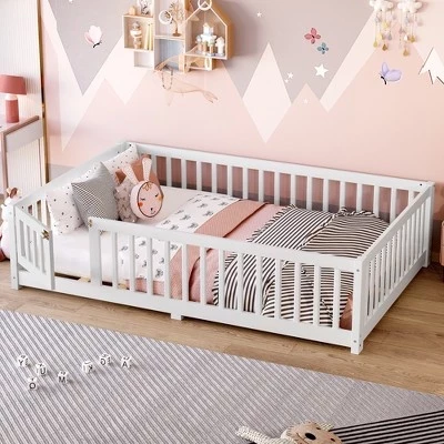 Каркас напольной кровати Twin/Full/ Queen Size с защитными перилами и дверцами, кровать-платформа для малышей с деревянными ламелями для девочек и мальчиков белого цвета