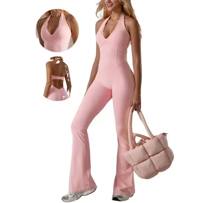 Women's Halter Yoga Jumpsuit, V-Neck Lace Trim Flared Leg Activewear One-Piece pink
