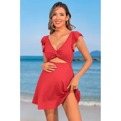 Chamro Women's Ruffle Ribbed Maternity Swimsuit One Piece Cutout Pregnancy Bathing Suits Push Up Twisted Swimwear Swim Dress red