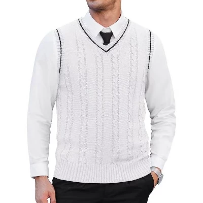 Мужской жилет с V-образным вырезом Slim Fit повседневный витой вязаный пуловер без рукавов, свитер белого цвета