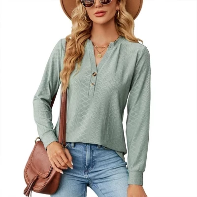 Женские рубашки с длинным рукавом, осенние туники, топы, блузки Henley с V-образным вырезом, нарядная повседневная зимняя модная одежда зеленого цвета