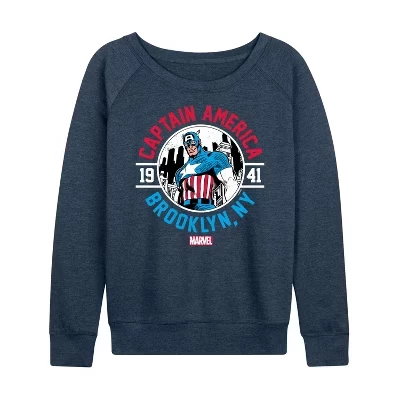 Women's -  - Captain America Brooklyn Lightweight French Terry Wide Neck Long Sleeve Graphic Shirt heather indigo