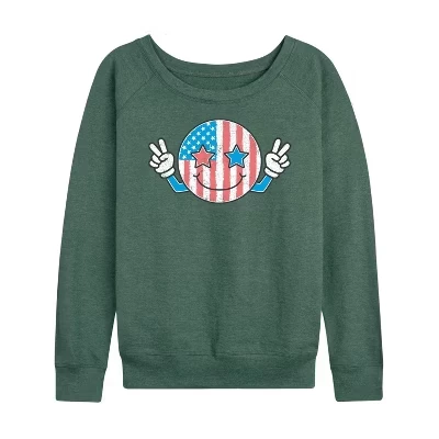 Women's -  - USA Flag Peace Face Lightweight French Terry Wide Neck Long Sleeve Graphic Shirt heather juniper