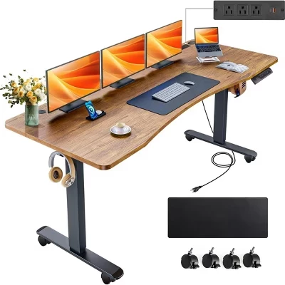 Компьютерный стол HOMDOX Elec-Standing с регулируемой высотой 63 × 24 дюйма, Эргономично изогнутый рабочий стол с запирающимися роликами для выхода, Диапазон подъема 27-46 дюймов, темный дуб