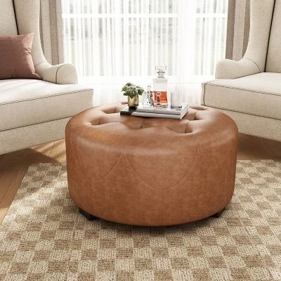 Modern Round Ottoman with Button Tufted Upholstered Versatile Footstool with Wooden Legs Clould Shoe Bench for Living Room, Entryway brown