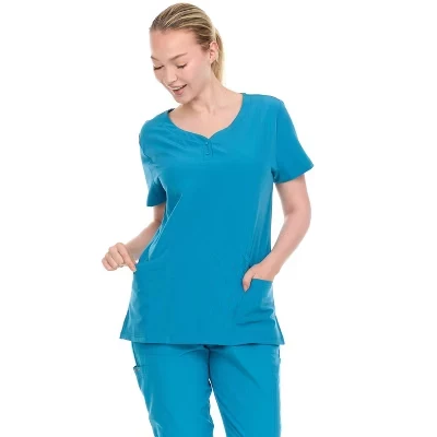 Женский топ-скраб HEAL+WEAR с V–образным вырезом - стрейч в 4 стороны-Мягкая стрейчевая рубашка для медсестер классического покроя с 2 карманами бирюзового цвета