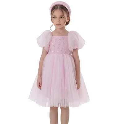 Праздничное платье для дня рождения из тюля Babydoll для девочек от 12 до 9 лет, расшитое бисером и блестками, розовое
