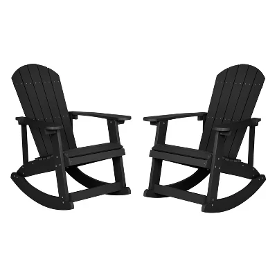 Набор из 2 классических всепогодных кресел-качалок Marcy из полимерной смолы Adirondack с фурнитурой из нержавеющей стали для круглогодичного использования черного цвета.