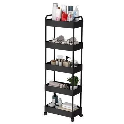 5-Tier Storage Trolley on Wheels, Plastic Slide Out Rolling Utility Cart with Handle, Mobile Shelving Unit, Narrow Shelf Unit Storage Rack black