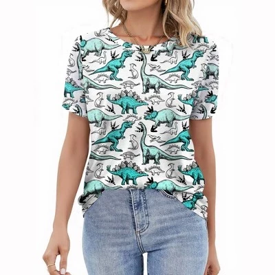 Women's Short Sleeve Jurassic Dinosaur Graphic T-Shirts Cute Summer Casual Round Neck Funny Dino Tee green