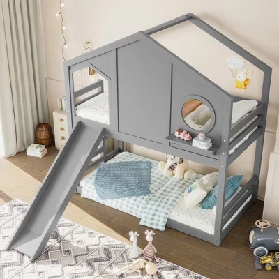 Двухъярусная кровать Twin over Twin House с горкой и полками для хранения вещей, деревянный каркас двухъярусной кровати с окном для детей серого цвета