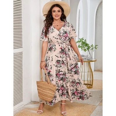 Женское платье Yesfashion больших размеров с поясом, абрикосовое