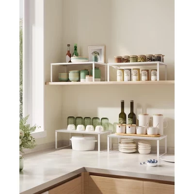 Набор из 2 металлических кухонных полок - Складываемые, расширяемые подставки для специй, Органайзеры для шкафов и столешниц, Подставки для полок белого цвета