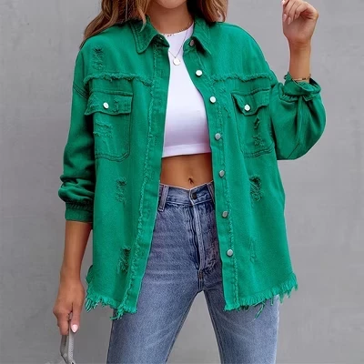 Женская джинсовая куртка Yesfashion оверсайз, зеленая