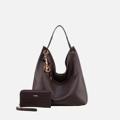 Eloa Hobo Bag with Wallet 2-Piece Set – Women’s Vegan Leather Handbag with Matching Wristlet by Mia K chocolate