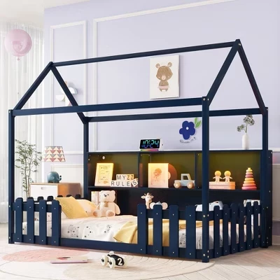 Детская напольная кровать Twin Size со светодиодной подсветкой для детей, современная металлическая кровать Монтессори с книжной полкой для хранения вещей и ограждениями для спальни синего цвета