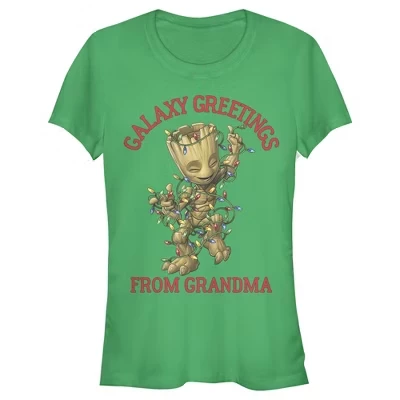 Женская рождественская футболка для юниорок Groot Galaxy Greetings Grandma зеленого цвета