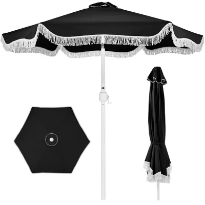 Лучший выбор 9–футового зонта с бахромой на рынке - Boho Patio Sunshade с наклоном, UPF50+, Стальная стойка для стола, бассейна, веранды, черный