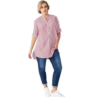 Женская туника Ellos Henley из хлопка, розовая в полоску