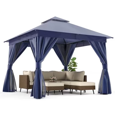LAUSAINT HOME 10'x10' Полупостоянная беседка во внутреннем дворике с расширительными болтами, прочная палатка для вечеринок с двойными крышами синего цвета