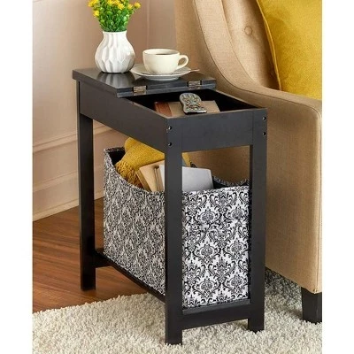 The  Collection Narrow Wood Side Table with Flip-Top and Fabric Storage Bin - black