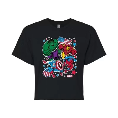 Women's -  - Avengers America Stickers Style Cropped Graphic T-Shirt black