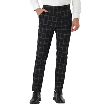 Мужские брюки в клетку с принтом Slim Fit на плоской подошве спереди для делового костюма черного цвета