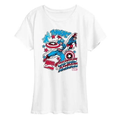 Women's -  - Captain America Comic Book Stickers Short Sleeve Graphic T-Shirt white