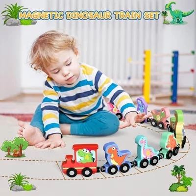 Wooden Magnetic Animal Train for Toddlers – Learning Toy with 11 Animal Cars train dinosaurs